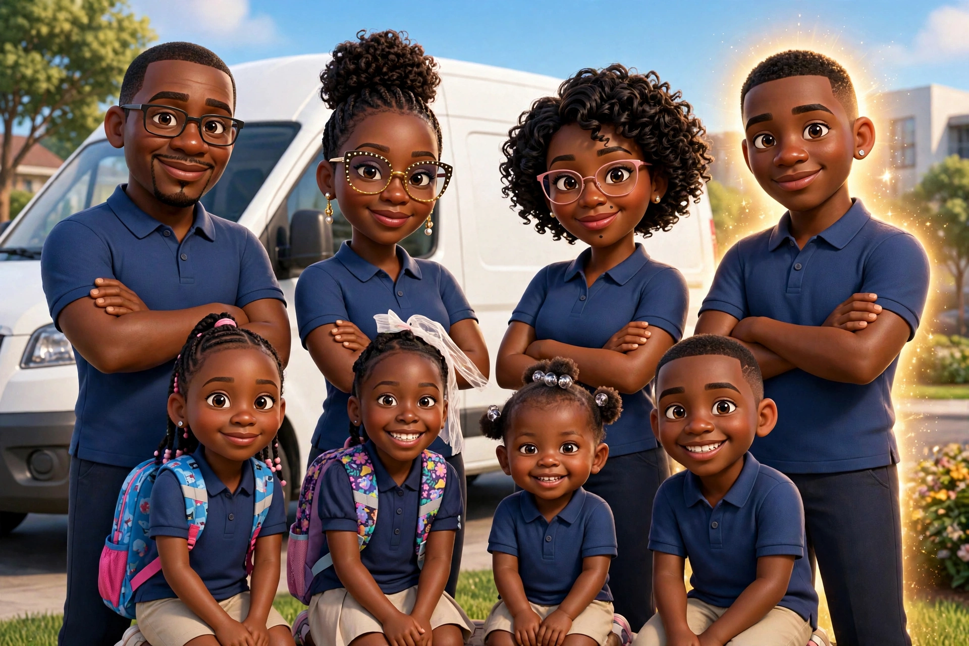 Da'Waterboyz family team illustration &mdash; Brian, LaTrice, Toni, and Byron (in loving memory), with the kids and the service van